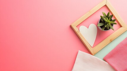 Pink flatlay succulent, heart, frame, cloths, soft