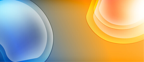 Abstract background features flowing shapes, cool blues transitioning to warm oranges. Smooth gradients create dynamic visual effect.