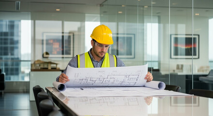 A focused construction engineer reviews detailed blueprints at a modern table, meticulously planning a new building project.