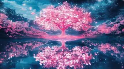 Pink-blossomed tree reflects in calm water under a dreamy, surreal sky