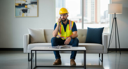 A construction worker in a safety vest sits on a modern sofa, using his phone and reviewing documents.