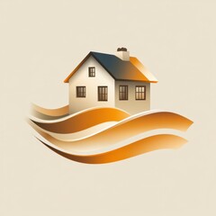 Stylized house illustration with flowing waves in warm colors on a neutral background