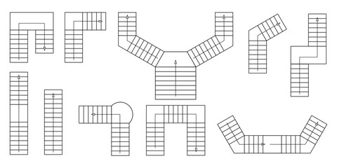 Stairs for floor plan top view. Blueprint interior project. Architectural elements. Straight single-marsh, l-shaped, u-shaped, with running steps. Vector illustration on a transparent background