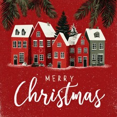 Colorful Christmas scene with festive houses and cheerful greeting against a red background