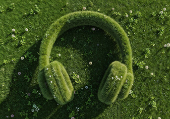 headphones made of grass and moss eco music concept . Generative AI