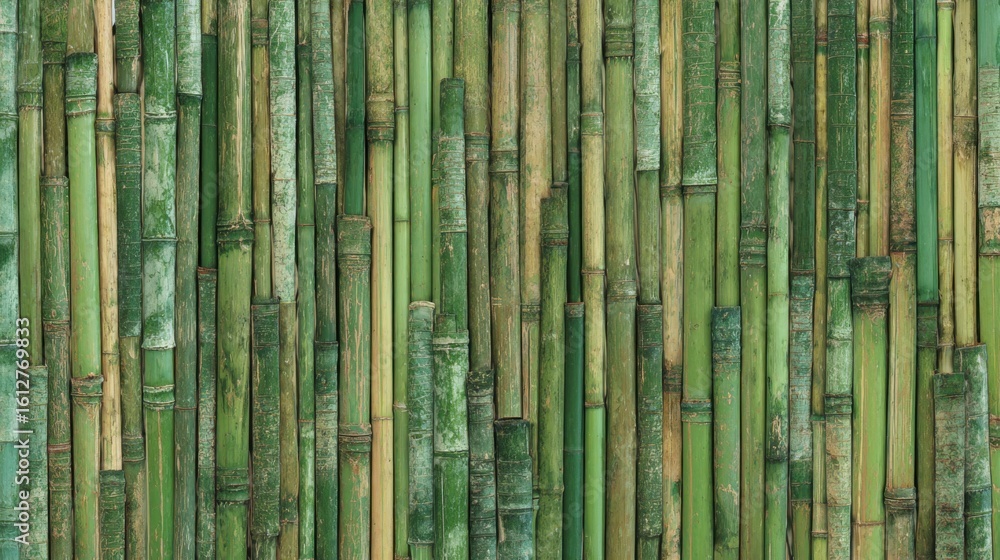 Poster dense bamboo stalks display a range of green hues against a natural backdrop. the sunlight enhances 