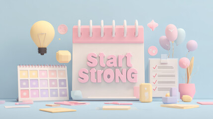 3D pastel illustration of startup desk with icons and text Start Strong perfect for business goals motivation branding and new project
