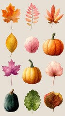 Autumn leaves and pumpkins illustrated in vibrant colors for seasonal decoration and inspiration