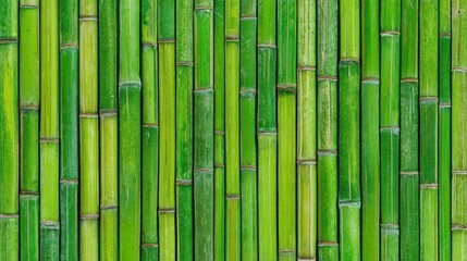 Lush green bamboo stalks stand closely spaced, showcasing a vivid texture and color. The backdrop offers a serene feel of nature, creating a calming atmosphere.