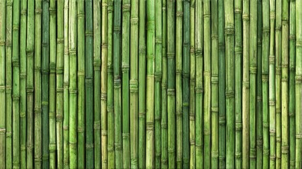 Fototapeta premium Vertical bamboo stalks create a rich green wall texture, showcasing a variety of natural patterns and shades under gentle light in a tranquil outdoor environment, perfect for design inspirations.