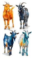 Colorful artistic representation of four goats showcasing unique patterns and colors in a harmonious composition