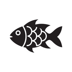A black and white icon design illustration of a fish with scales and fins