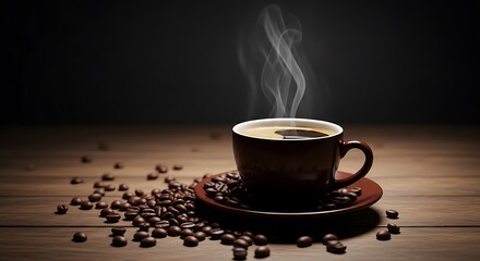 Steaming Hot Cup of Coffee with Roasted Beans on Wooden Table &ndash; Dark Moody Caf&eacute; Concept