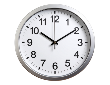 Minimalist Round Wall Clock with Silver Frame, Front View, isolated on transparent background PNG