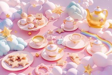 Celestial tea party scene with cloud tables holding star-shaped cookies, moon-faced teapots, and rainbow stripe napkins in whimsical design