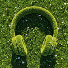 headphones made of grass and moss eco music concept . Generative AI