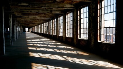 Long industrial hall with shadows cast by windows.
