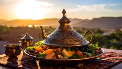 Ornate teapot and platter of food at sunset
