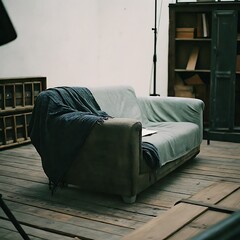A sofa in middle of the house covered by some clothes, designed flor