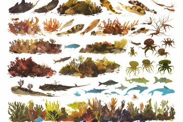 Minimalist marine camouflage sheet illustrating how stonefish, octopus, and crab blend into various seabed environments
