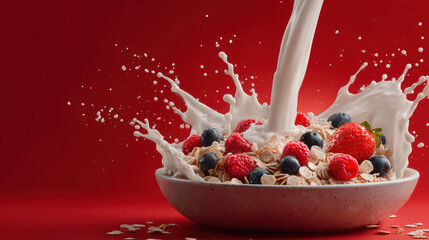 Berries splashing with milk in red bowl high speed food concept ideal for dairy product ads breakfast campaigns and healthy eating visuals