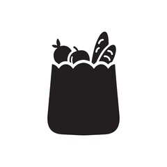 A black and white icon design illustration of a grocery bag with fruits peeking out