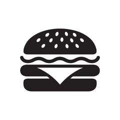 A black and white icon design illustration of a hamburger with lettuce, tomato, and cheese