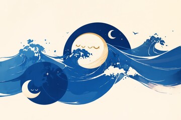 Minimalist moon phase diagram illustrating ocean tides with smiling anthropomorphic waves reacting to crescent and full moons through simplified expressions