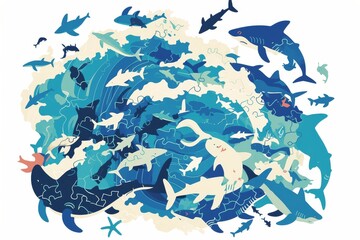 Minimalist oceanic puzzle design featuring interlocking wave patterns and marine creature silhouettes in seamless vector style