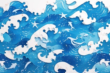 Minimalist oceanic puzzle design featuring interlocking wave patterns and marine creature silhouettes in seamless vector style