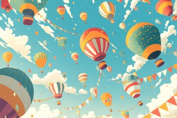 Playful cluster of hot air balloons with striped baskets, polka-dotted envelopes, and triangular flags, suspended by crisscross ropes against sparse cirrus cloud streaks