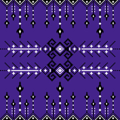 A symmetrical, pixel-art style pattern in black, white, and purple featuring geometric shapes and arrows, with a bold and intricate tribal-inspired design.