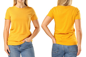 Woman confidently shows yellow t-shirt, isolated on white, PNG