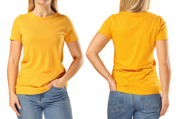 Woman confidently shows yellow t-shirt, isolated on white, PNG