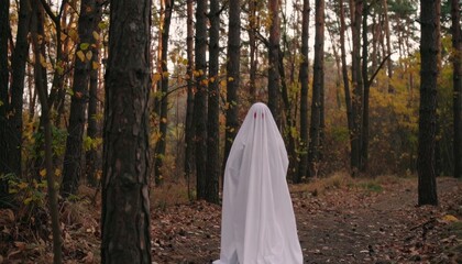Naklejka premium A Scary Ghost Draped in White Emerges from a Foggy Forest Under Moonlight, Surrounded by Eerie Shadows and Haunting Trees in a Spine-Chilling Halloween Night Scene with Dramatic Lighting