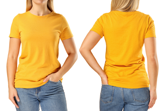 Woman confidently shows yellow t-shirt, isolated on white, PNG