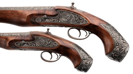 Two carved ornate wooden antique hunting rifles isolated on pure white background