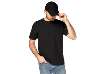 Man in black t-shirt and cap adjusts his hat, isolated on white, PNG