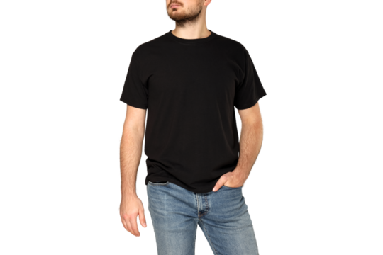 Male model poses confidently in black t-shirt, isolated on white, PNG - Powered by Adobe
