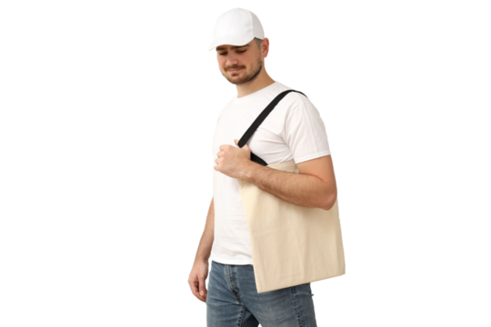 Guy with a tote bag in casual style, isolated on white, PNG