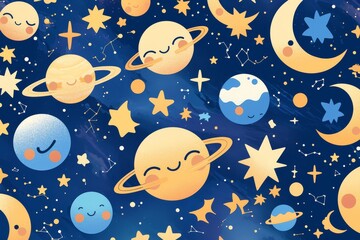 Simple outlined illustration of smiling celestial bodies with crescent moon, varied stars, and ringed planets arranged playfully on night sky background for coloring book