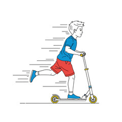 A young boy in motion, riding a scooter across a white background.