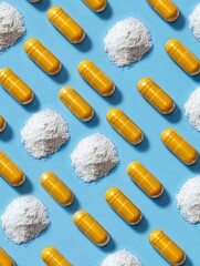 Neatly arranged collagen powder and capsules on a clean blue background, representing modern health supplements, wellness products, nutrition care, and beauty from within concepts

