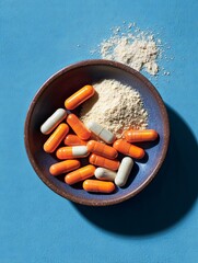 Neatly arranged collagen powder and capsules on a clean blue background, representing modern health supplements, wellness products, nutrition care, and beauty from within concepts

