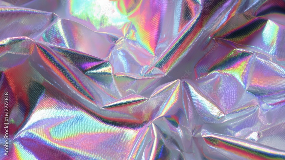 Poster wrinkled metallic surface reflects colorful light, creating a dynamic visual effect. the vibrant pla