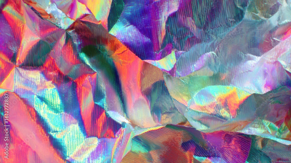 Poster brightly colored metallic foil shines in a multitude of iridescent hues, showing intricate textures 