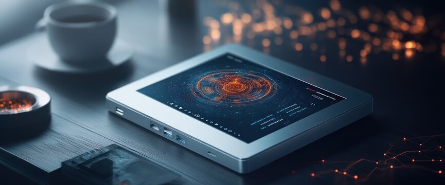 Compact device displaying dynamic data visualization on a dark surface.  Ambient lighting suggests evening setting