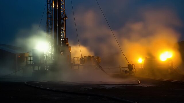 Drilling Rig Machine Operating at Night with Vapor and Lights