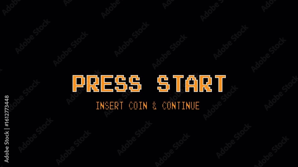 Aufkleber pixel press start animation, black retro game screen, 8-bit start prompt, classic video game intro, 