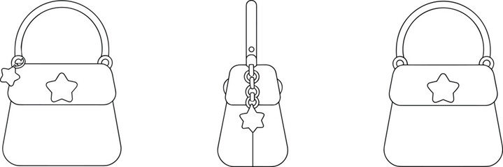  Cute Cartoon Handbag Outline with Star Charm, Fashion Accessory Line Art, Adorable Purse Illustration, Simple Vector Design for Coloring Books, Trendy Female Style Element.